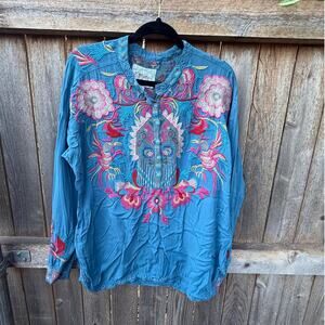 BIYA Johnny Was teal blue embroidered tunic TOP Small floral bird rayon